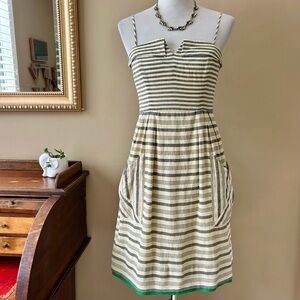 Anthropologie Maeve Changing Stripes Dress Strapless Nautical Cream Gray Linen 4